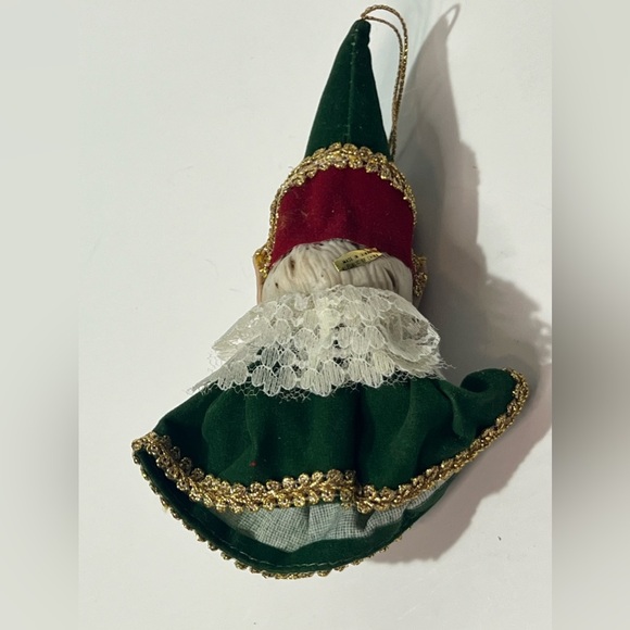 RARE Vintage Gnome Santa Elf Ornament Ceramic Velvet Lace Taiwan - Picture 4 of 8